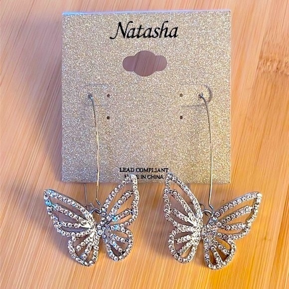 Brand New Natasha Rhinestone Butterfly Silver Tone Drop Earrings Sparkly - Picture 8 of 13